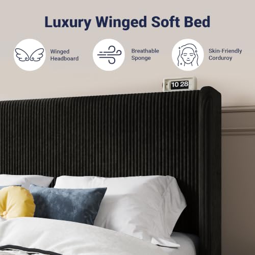 Image of Allewie King Size Platform Bed with Corduroy Wingback Headboard, Black | 1000 lb Capacity, Corduroy Wingback Headboard, Vertical Channel Design, Wood Slat Support, No Box Spring Needed /Easy Assembly