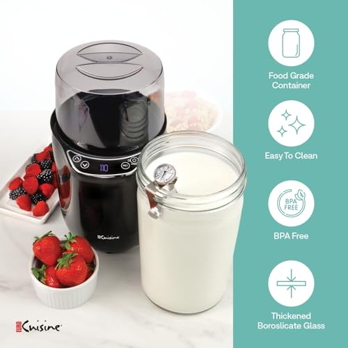 Euro Cuisine YM360 Yogurt Maker with Adjustable Time & Temperature Control - 2-Quart Glass Jar, FREE Thermometer & Cotton Strainer Bag, 2025 Edition, Black, Make Yummy Organic Probiotic Yogurt at Home