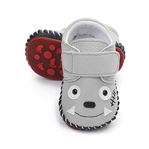 LAFEGEN Baby Boys Girls Walking Shoes Hard Bottom Non Slip PU Leather Outdoor Sneaker Infant Carton Slipper Toddler First Walker Crib Shoes(3-18 Months) 12-18 Months Toddler, 01 Grey Wolf