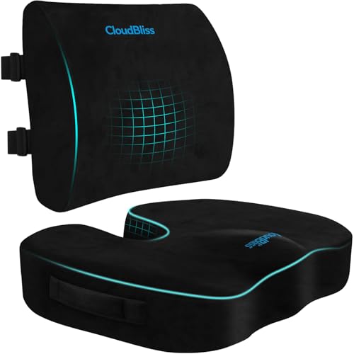 CloudBliss Lumbar Support Pillow & Seat Cushion Set for Office Chair, Desk Chair, Wheelchair & Car – Memory Foam Back Support, Ergonomic Chair Cushions, Sciatica Pain Relief, Home Essentials, Black