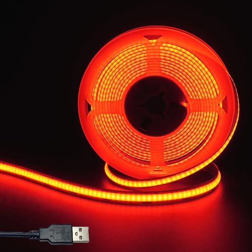 Image of 5V 8mm Width USB COB LED Strip Lights,Red,320LEDs /M,8W /M,CRI90,16.4FT /5M,Electroplated Double-Sided Panel Light Strip,Waterproof IP20,Flexible Strip for Indoor Decoration