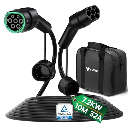 GONEO Cable de Carga Tipo 2 7,2kW 10m 32A Tipo 2 1-Fases Modo 3 para EV/PHEV Tipo 2 a Tipo 2/CSS2 EV Cable de Carga con Bolsa de Transporte