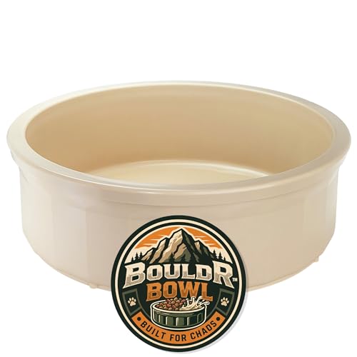 Pet Crock Bowl Thick Durable Plastic Non-Tip Food & Water Dish for Dogs Cats & Small Animals Indoor/Outdoor Chew Resistant Easy Clean (Beige Jumbo 96oz)