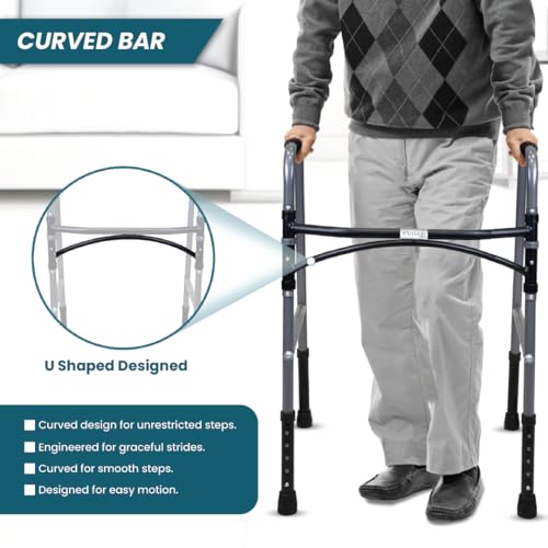 Image of Venante U-Shape Foldable Walker for Elderly and Seniors, Lightweight 100kg Capacity, Mild Steel Frame, Height Adjustable Walking Aid for Men and Women, Premium Rubber Shoes (Grey)
