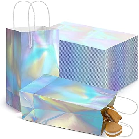 Estune 30 Pcs Iridescent Gift Bags with Handle Holographic Party Favor Bags Glitter Foil Paper Handbag Candy Goodie Bag for Wedding Birthday Valentine's Day Party Favor, 8.3 x 5 x 3.2 Inch Cover