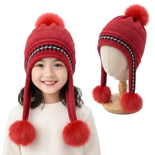 Image of Kraptick Children's Winter Cap: Velvet Thick Warm Woolen Knit Hat with Ear Protection for Children Stylish Korean Beanie with Long Pompom Ears & Fleece Lining Perfect for Winter -4