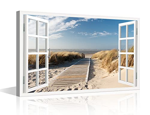TISHIRON Wall Art Decor 3D Window Effect Boardwalk Sandy Beach View Canvas Pictures Artwork Framed Seaside Print Painting Home Decor for Home Living Room Wall Decor(16x24in)