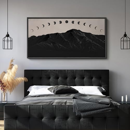 Image of MUDECOR Extra Large Framed Canvas Print Wall Art Black Mountain Silhouette with Moon Phases Minimalist Antique Retro Ready to Hang Painting for Living Room Bedroom Multi-Sizes - 60 inchx30 inch