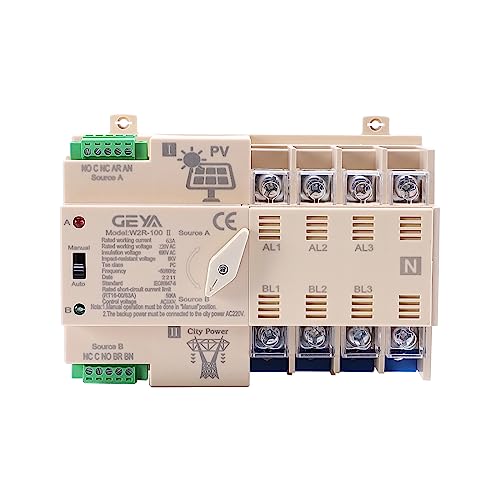 GEYA on-Grid Solar Power Automatic Transfer Switch Din Rail 4P 63A 110VAC ATS PV System Power to City Power (ATS-4P-63A-110V-SOLAR)