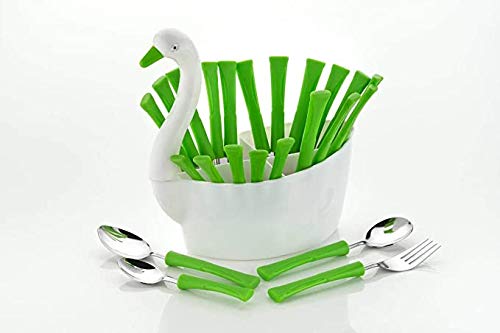 Kshavi Plastic Duck Shape Stand Cutlery Set 24 Pcs Set- 6 Table Spoons, 6 Tea Spoons, 6 Forks, 6 Dessert Spoons - (Multicolor)