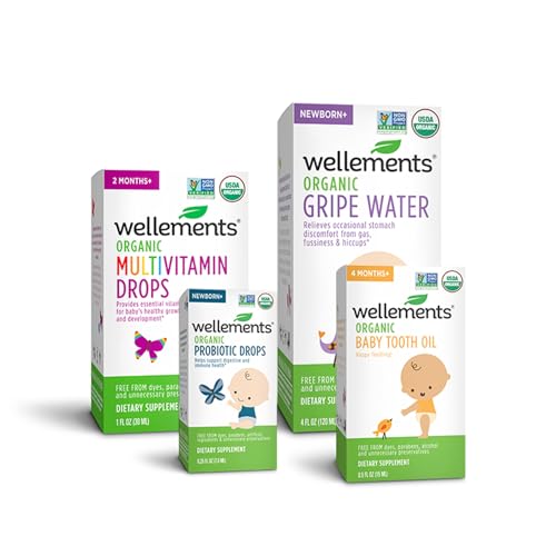 Image of Wellements Organic Newborn Essentials Bundle | Organic Gripe Water 4 fl Ounce, Organic Multivitamin Drops 1 fl oz, Organic Baby Tooth Oil 0.5 fl oz, Organic Probiotic Drops 0.25 fl oz