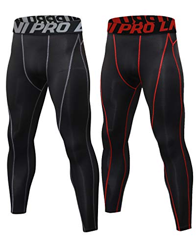 LNJLVI Legging Homme Running Fitness Pantalon de Compression Sport Baselayer Quick Cool Dry Pantalon(Gris-Rouge,XL)