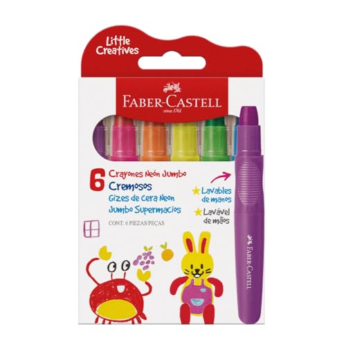 Giz de Cera Jumbo Little Creatives, Neon, Faber-Castell, Supermacio, Grosso, Infantil, Pré-escola, 6 Cores