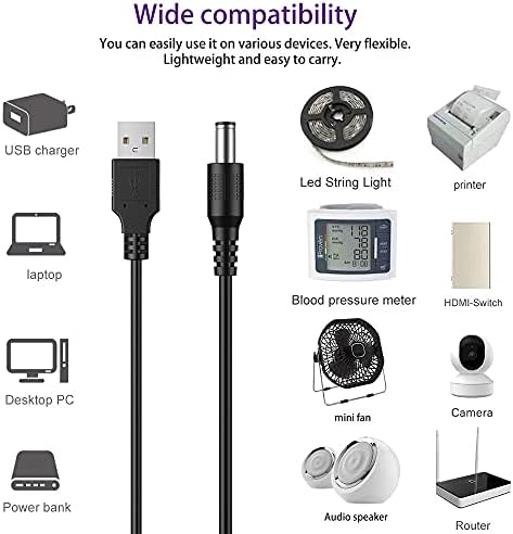 LIANSUM USB to DC 5V Power Cord, Universal DC 5.5x2.1mm Plug Jack Charging Cable with 10 Connector Tips(5.5x2.5, 4.8x1.7, 4.0x1.7, 4.0x1.35, 3.5x1.35, 3.0x1.1, 2.5x0.7, Micro USB, Type-C, Mini USB)5FT