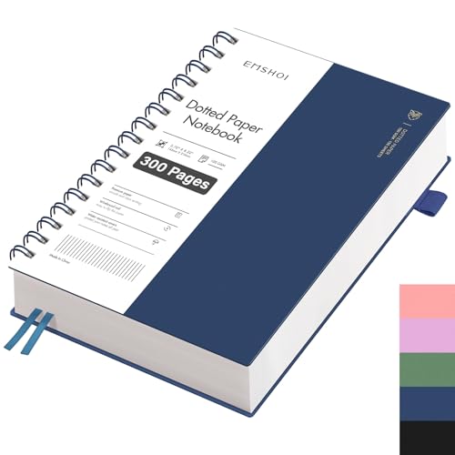 EMSHOI Notizbuch A5 Gepunktetes, Bullet Dotted Journal mit Spiralbindung, 300 Seiten/150 Blatt, 100 gsm Premium-Papier, PVC-Hardcover – Ideal für Damen, Herren, Büro & Schule, 14,5 x 21 cm, Blau