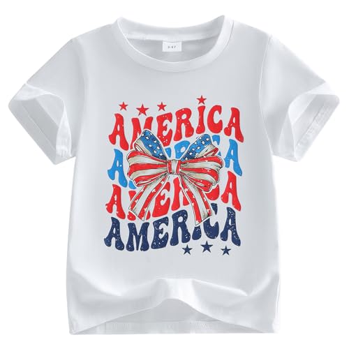Image of Kids Toddler Girls 4th of July T-Shirt Short Sleeve Patriotic Coquette Bow American Flag Independence Day Top