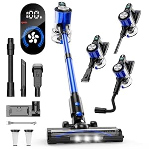 Akku Staubsauger, 50000Pa/500W/60Min Staubsauger Kabellos mit Display, 3 Saugmodi, Anti-Tangle-Bürste, Wandladestation, 1L Staubbecher, Ultraleise, Geeignet für Tierhaare/Teppiche/Hartböde...