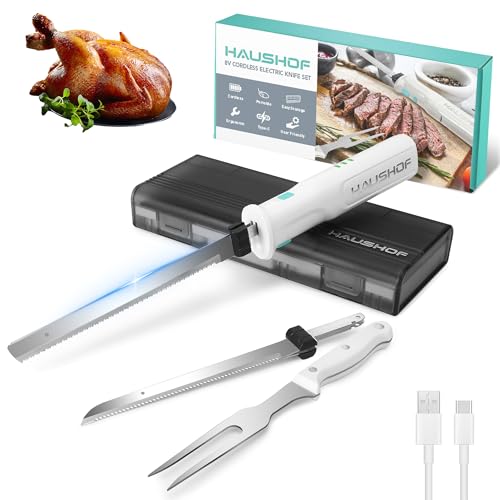 HAUSHOF Cordless Electric Knife Set for Meat Slicing, 8V Electric Carving Knife for Fish, Bread, Turkey, Rechargeable Meat Cutter with Reciprocating Stainless Steel Blades, Safety Lock & Sto