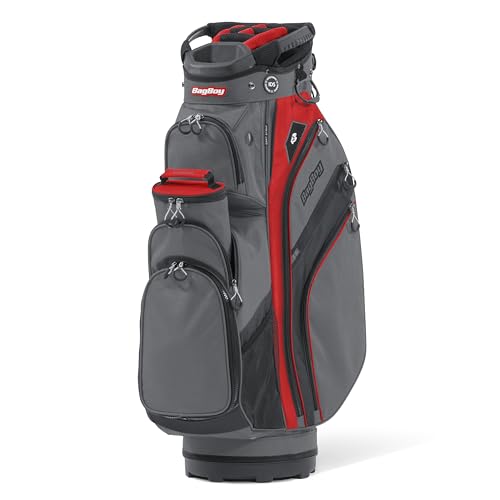 Bag Boy Chiller Pro Golf Cart Bag, 14 Way Top with Full Length Individual Dividers, Rubberized Putter Well, Removable Cooler, 9 Zippered Pockets, Charcoal/Red/Black