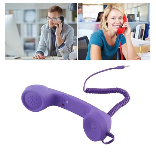 Retro teléfono con cable morado, receptor con conexión 3.5mm y USB C miniatura 3