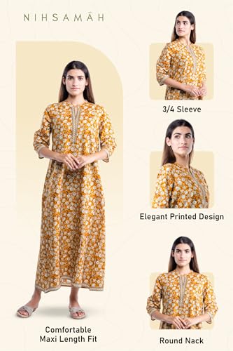Image of NIHSAMAH Cotton Nighty for Women - XL | Premium Printed Long Cotton Night Gown | Comfortable & Fancy Sleepwear /Nightwear /Maxi Dress (Yellow Colour)