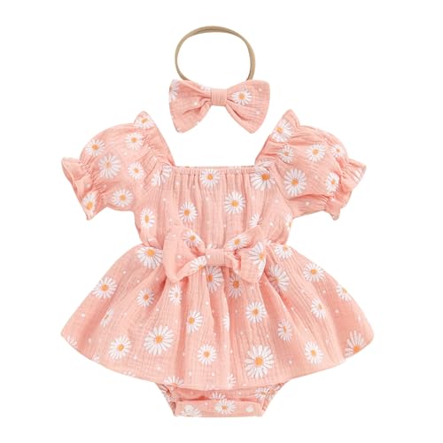 Image of Baby Girls Floral Cotton Leotard Romper Newborn Daisy Playsuits Ruffled Sleeve Onesie Infant Jumpsuit Clothes Headband