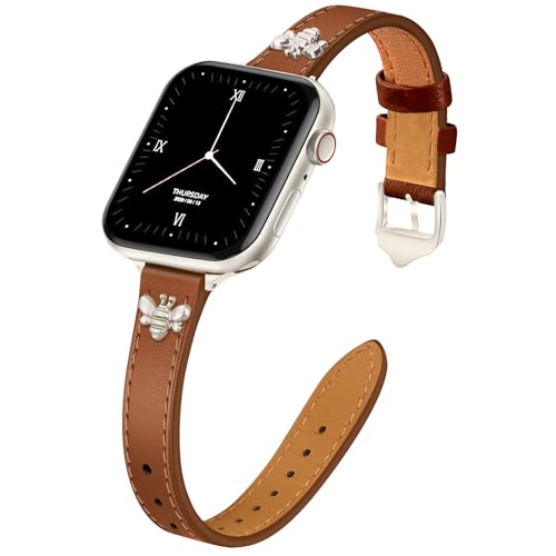 Image of JR.DM Slim Leather Bands Compatible with Apple Watch Band 38mm 40mm 41mm 42mm 44mm 45mm 46mm 49mm, Genuine Leather Band with Charms, Feminine Design for Iwatch Ultra SE Series 11 10 9 8 7 6 5 4 3 2 1