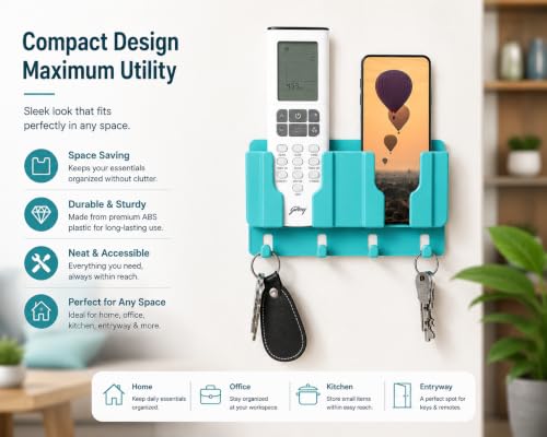 Image of CERLINK Wall Mounted Mobile Holder for Phone & TV Remote | ABS Storage Organizer with 2 Compartments, 2 Key Hooks and Strong Self-Adhesive No-Drill Installation (Black)