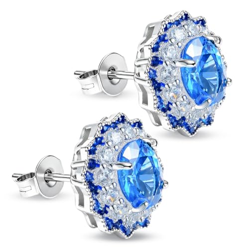 14K Gold Plated Hypoallergenic Blue Cubic Zirconia Stud Earrings for Women (Blue)