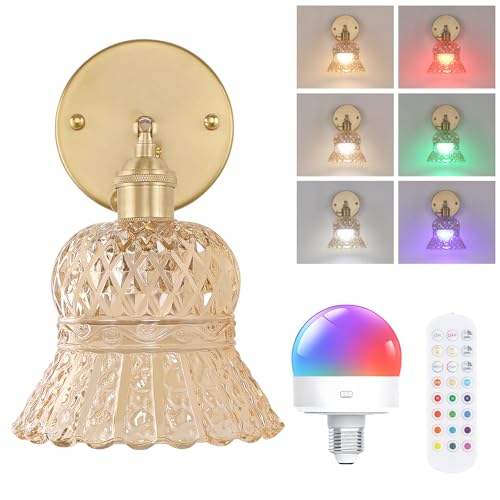Image of Shenmoyl Vintage Battery Operated Wall Sconce, Rechargeable Battery Powered Wall Sconces with Remote Control, Wireless Dimmable LED Light for Bedside Indoor Living Room (Amber Pineapple)