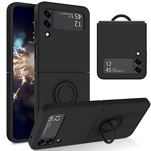 Telaso Samsung Galaxy Z Flip 3 5G Case, Slim Liquid Silicone Kickstand Case With Finger Ring Holder Car Mount Supported Drop Protection Shockproof Galaxy Z Flip 3 5G Case For Women, Black #TOP4