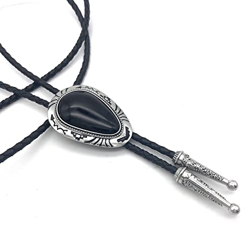 Quke Black Stone Bolo Tie Native Western Cowboy Handmade Genunie Leather Bola Tie Necktie For Men Women #TOP4