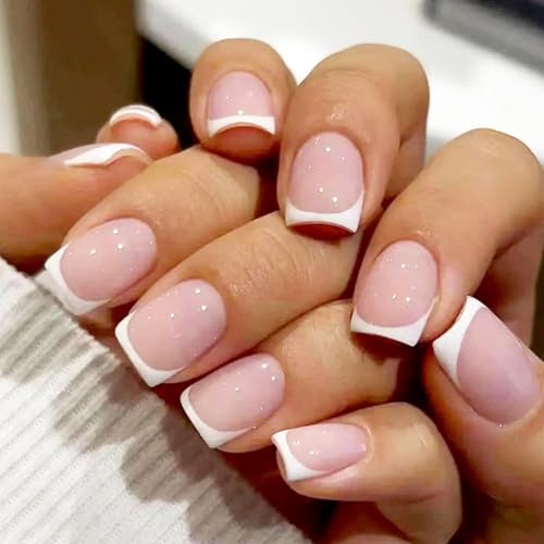 24Pcs White French Tips Press on Nails Short Square Acrylic Full Cover Fake Nails Stick on Nails Glossy White French Tips Nails Gel Glue on Nail for Women