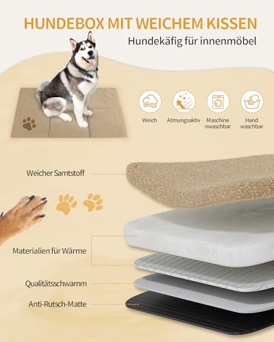 Hzuaneri Hundekäfig Möbel, Hochbelastbar Hundebox aus Holz für den Innenbereich mit Futtertür Oben, Mehrtür-Design, Großer Hundekäfig-Beistelltisch, 120 x 75 x 81 cm, Vintage Braun DFC86801B
