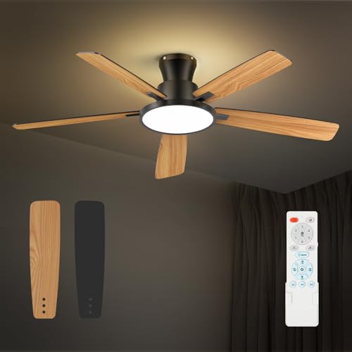 Ceiling Fans with Lights,52 inch,Nightlight,Quiet,Reversible Motor,6 Speeds,Timer, Low Profile Ceiling Fan for Bedroom,Living Room,Indoor/Outdoor Use (Black)