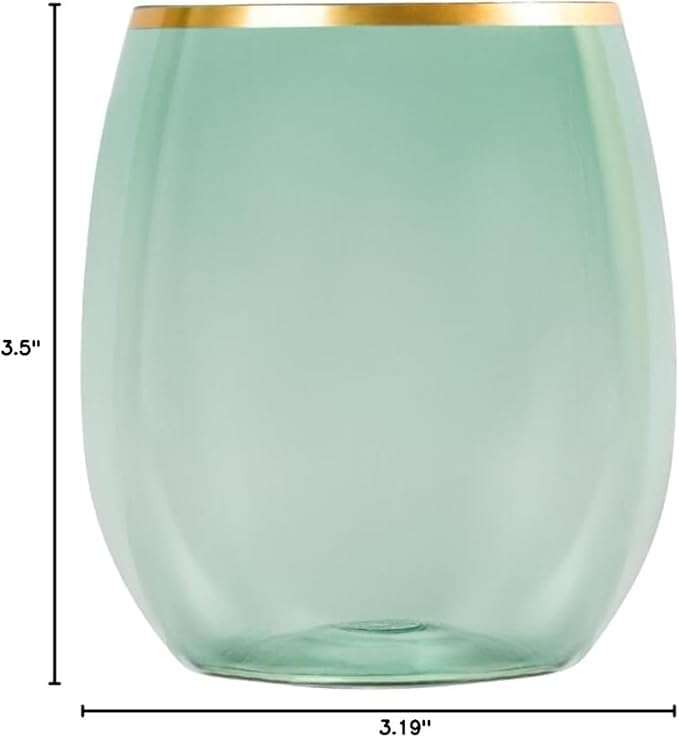 EcoQuality 12 oz Green Plastic Stemless Wine Glasses with Gold Rim, Disposable Unbreakable Shatterproof Elegant and Reusable Wine Tumbler for Partys, Weddings, Ideal for Indoor or Outdoor Events (12)