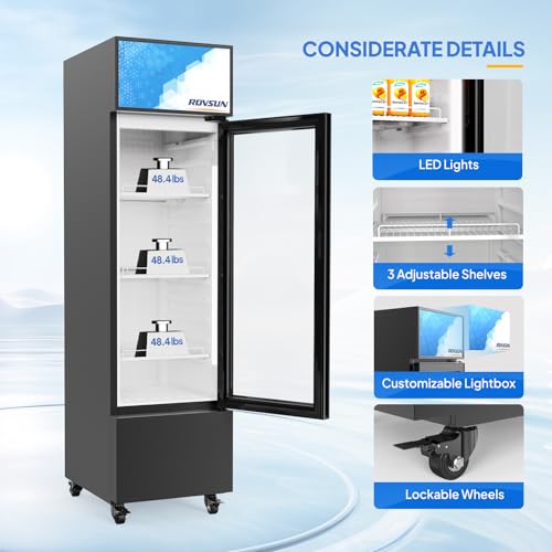 Image of ROVSUN 6 Cu.Ft Commercial Beverage Refrigerator ETL NSF, Slim Merchandiser Display Refrigerator Beverage Cooler Glass Door Fridge with Adjustable Shelves & LED Light for Bar Restaurant Cafe