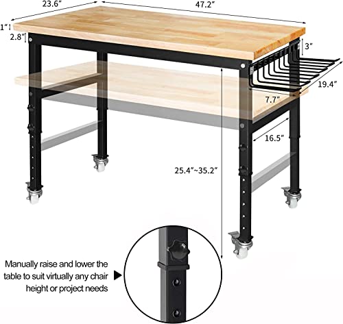 47.2"X 23.6" Bamboo Wood Garage Workbench W/Adjustable Height 25.4"-35.2" Multifunctional Workstation On Wheels 1500 Lbs Commercial Steel Work Tool Table Computer Desk Work Bench For Home Office #TOP5