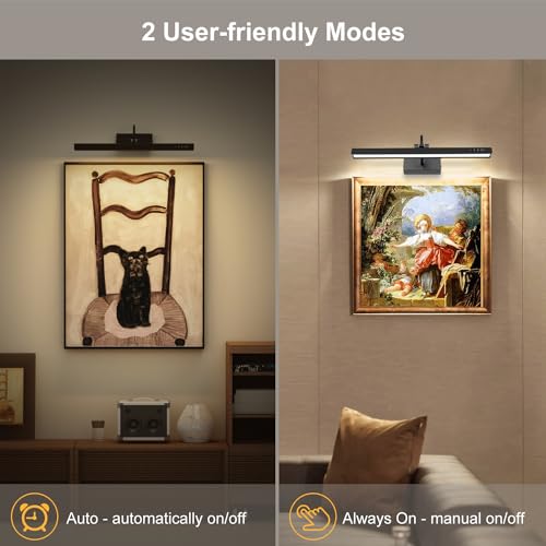 Image of GOVSSING Picture Light, Auto ON /Off Picture Lights for Wall, Hardwired Connection, 16.7 inchMetal Art Light with Remote, Dimmable&3 Color Temps, Rotatable Gallery Light with Indicator, 9W, CRI90+ (Black)