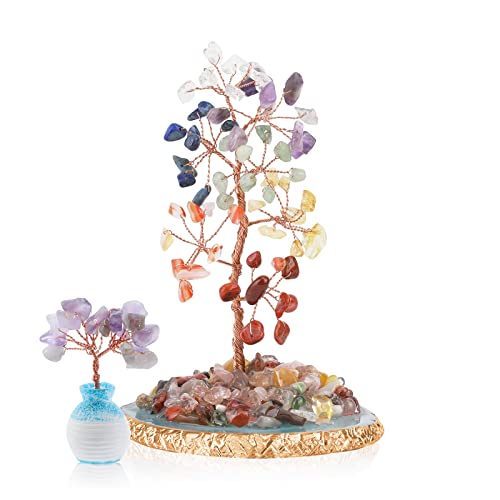 2PCS, Natural Crystal Tree with Widen Gems Agate Base, Healing Crystal Tumble Stone Tree of Life, 7 Chakra Gemstone Tree