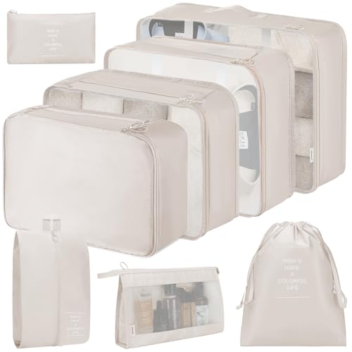 JetsCush Kofferorganizer, 8-delige set, packing cubes, reisorganizer, bagage-organizer voor vakantie en reizen, tassen voor kleding, schoenen en cosmetica (beige)