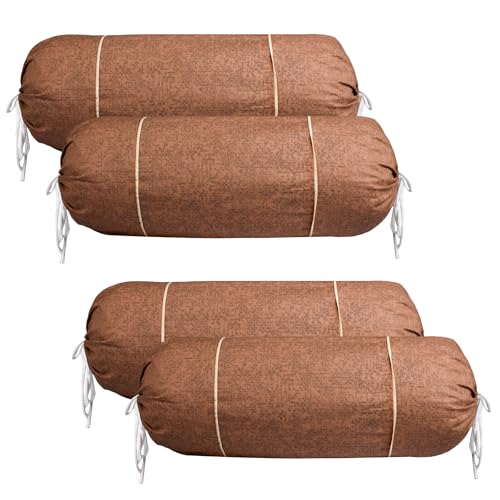 Image of Urbane Home Set of 4 Bolster /Side Pillow Cover | 16 inchx32 inch Cylindrical Masland /Masand Long Pillow Cover For Diwan Pillows | Plain Brown