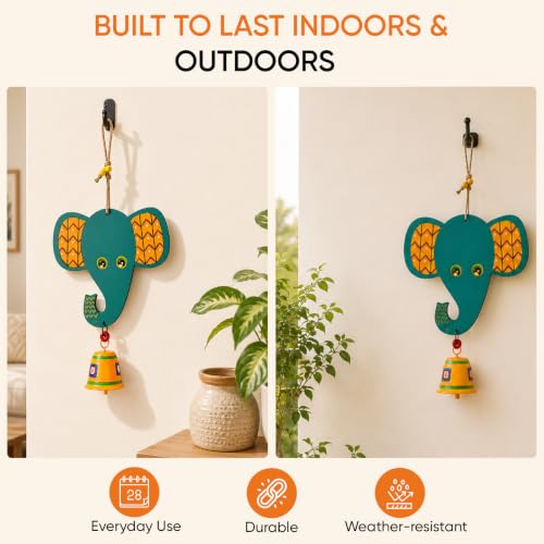 Image of Aakriti Art Creations Happy Elephant Wind Chime | Handmade Modern Art Wooden & Metal Wind Chime | Outdoor & Indoor Decorative Wind Chimes for Balcony, Garden, Living Room & Gifting