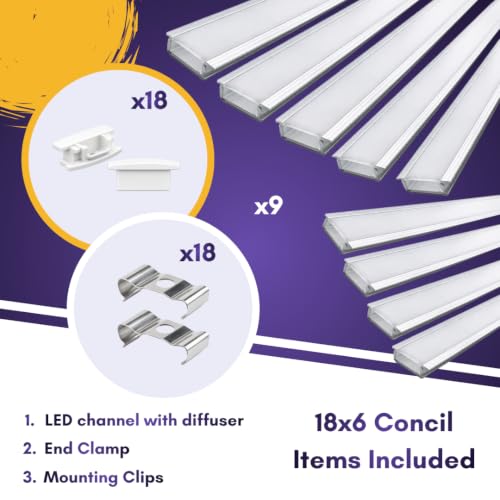 Image of Lighting 18x6mm LED Strip Lights 1 Meter Aluminium Rectangular Concealed Profile Light Channels with Diffused Cover, End Caps and Mounting Clips Without LED Straight Linear, (Pack of 9)