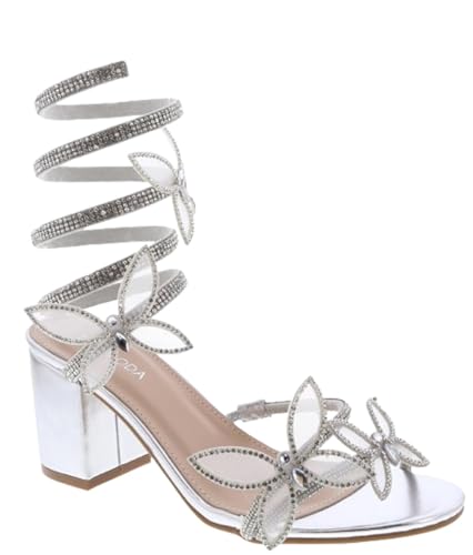 TOP Moda Diamond-29 Women's Butterfly Spiral Coil Wrap Dressy Block Heel Sandal, Non-slip sole, Rhinestone High Heel Sandals, For Wedding, Party, Prom, Evening Wear