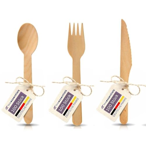 Inoverse Holzbesteck Set - 100 Holzgabeln, 100 Holzlöffel, 100 Holzmesser - Nachhaltiges Einwegbesteck, Biologisch Abbaubar Besteck aus Holz, Einmalbesteck Set, Stabil Einwegeschirr