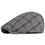 Qianuer Newsboy Hats for Men Flat Cap Adjustable Tweed Ivy Gatsby Cabbie Hat (Grey-red Plaid)