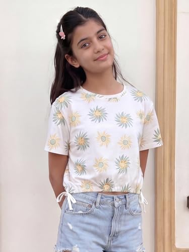 Image of Li'l Tomatoes Girls 100% Cotton Printed Top | Half Sleeve Casual Summer Top for Girls | Soft & Breathable Everyday Wear | Floral Sunflower Print | 9-16 Years