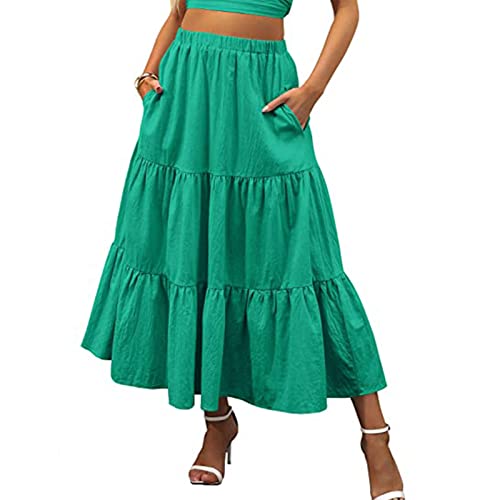 Saeevima Jupe Femme Longue Plissée Jupe Couleur Unie Trapèze Jupe Femme Casual Taille Haute Élastique avec Poches (Vert, XL) Cover