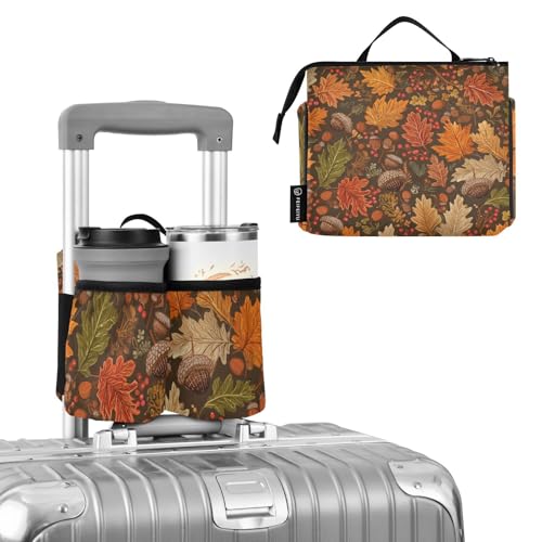 Image of Luggage Cup Holder for Suitcases Free Hands Suitcase Cup Holder Travel Luggage Drink Holder Portable Luggage Cup Caddy Bag Carrier with Handle Brown Maple Leaves Acorns Berries Branches